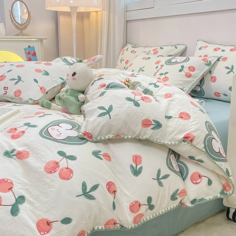 Wunderschönes 4-teiliges Bettwäscheset mit Blumenmuster, bestehend aus Bettbezug und Bettbezug