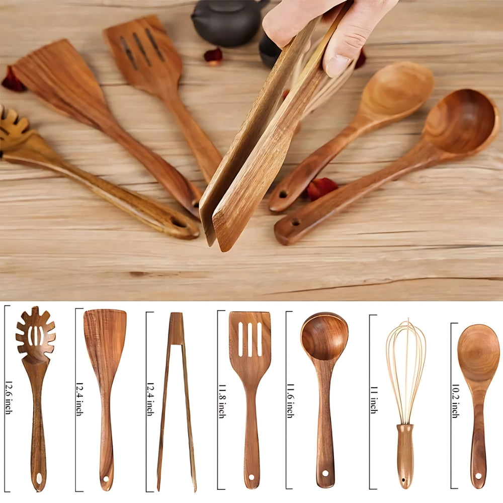Premium Wooden Kitchen Tool Set - 7 Piece Teak Collection