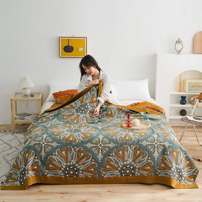 Comfortable Reversible Floral Quilt - Natural Cotton in Navy Blue - Halri