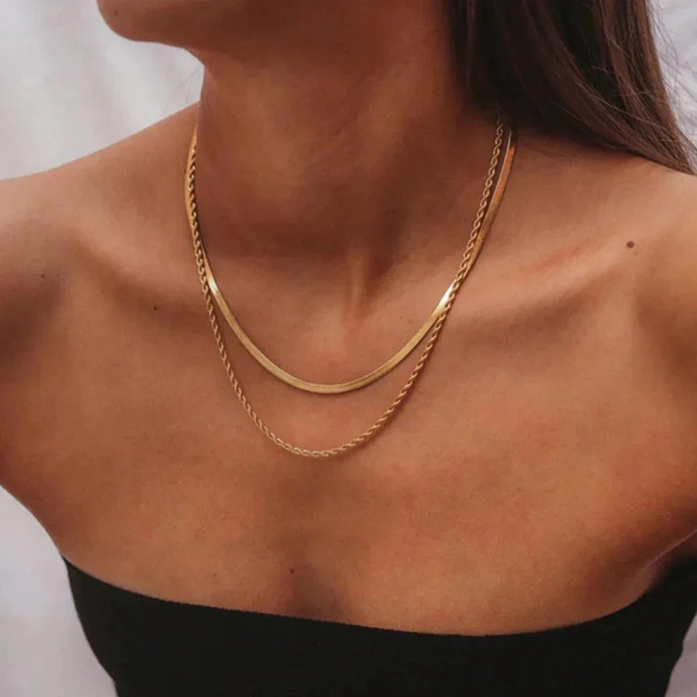 Gold Layered Herringbone Chain Necklace - Halri