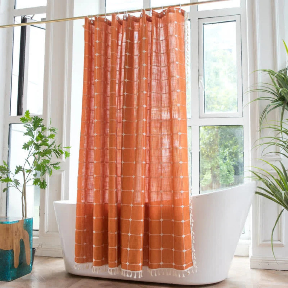 Soft Cotton Shower Curtain with Tassel Trim and Waterproof Coating - Halri