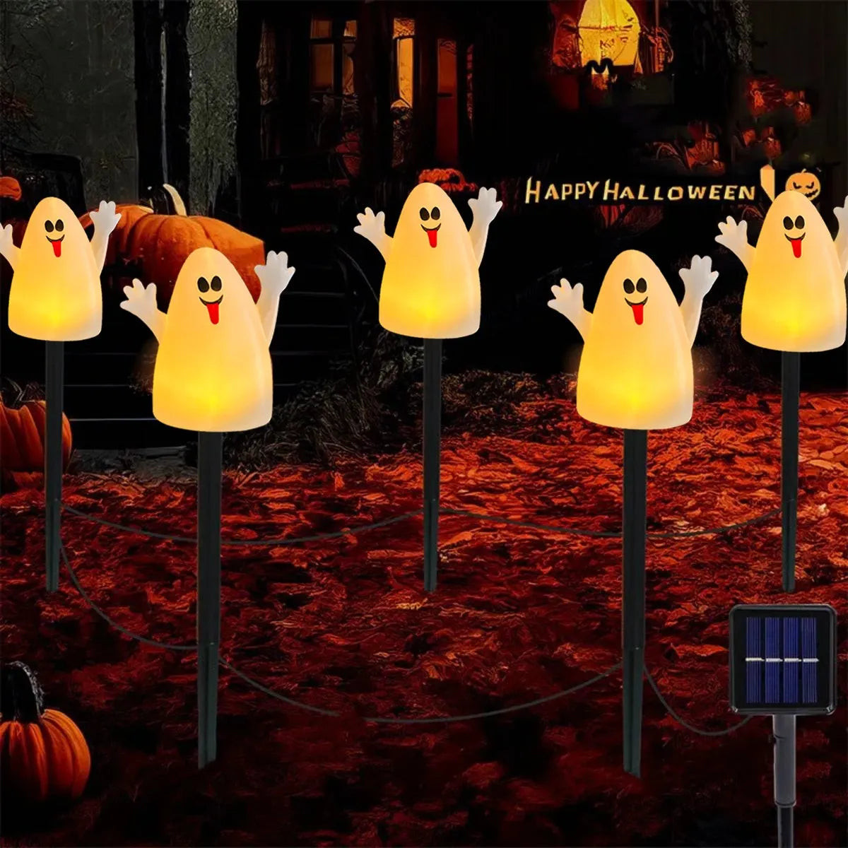Spooky Solar Powered Pumpkin Ghost Decoration Set