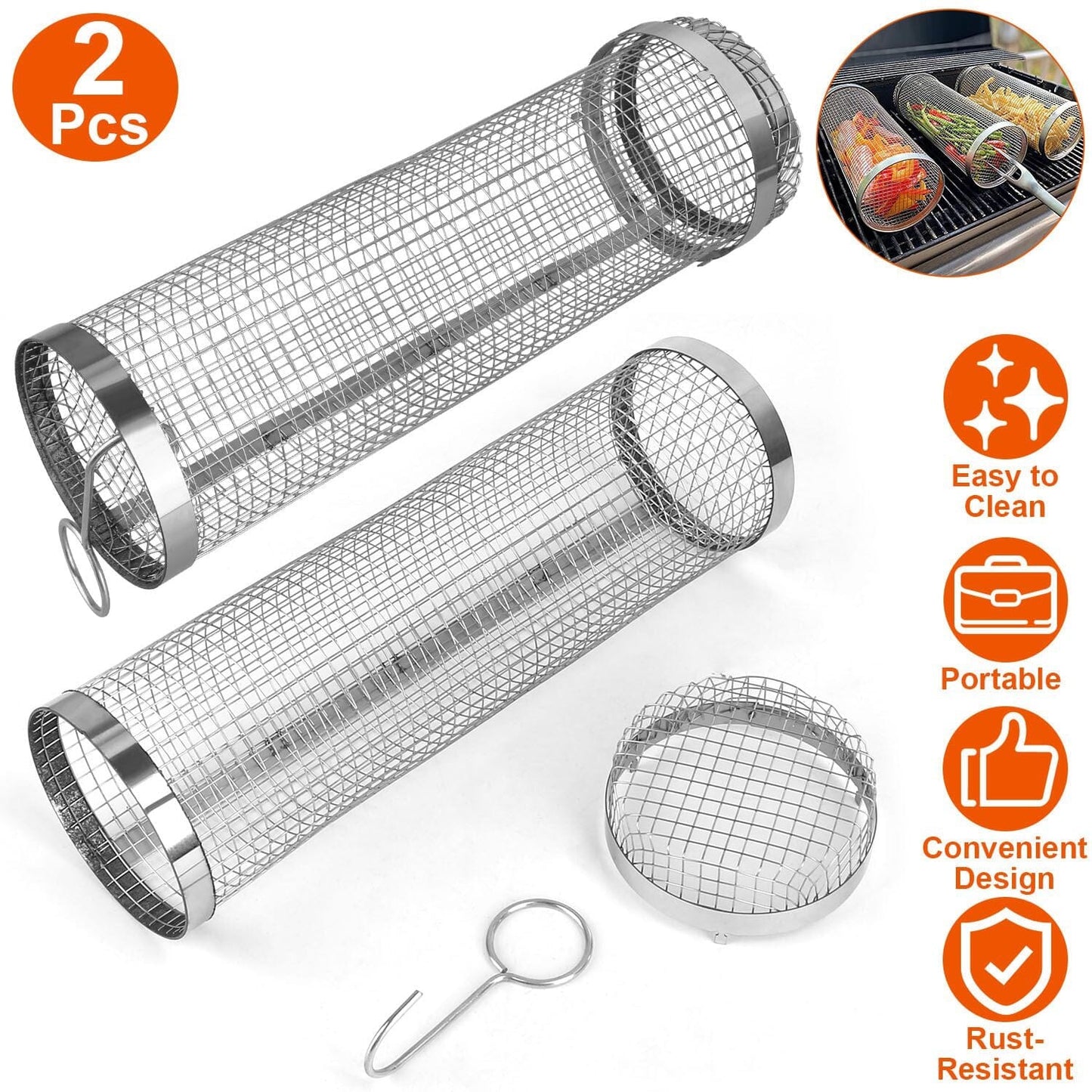 Kompaktes 2-teiliges BBQ-Rollgrill-Set aus Edelstahl