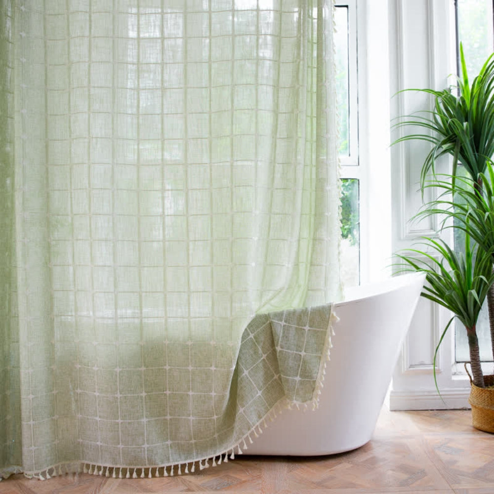 Duschvorhang aus weicher Baumwolle mit Quastenbesatz und wasserdichter Beschichtung