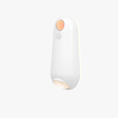 White handheld device with a light on a white background