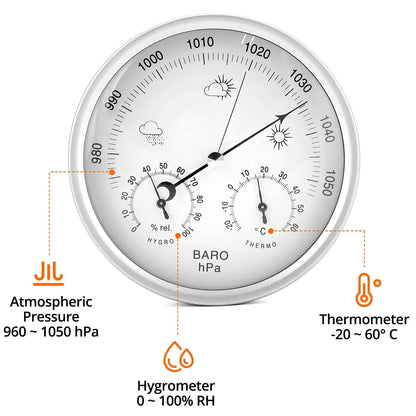 3-in-1 Weather Station – Analog Dial Barometer Thermometer & Hygrometer 130mm