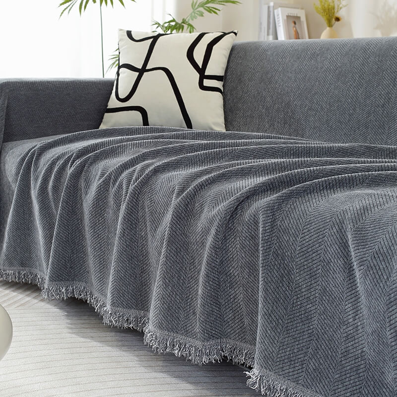 Plush Herringbone Throw Blanket with Fringe