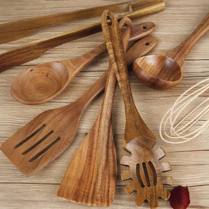Premium Wooden Kitchen Tool Set - 7 Piece Teak Collection