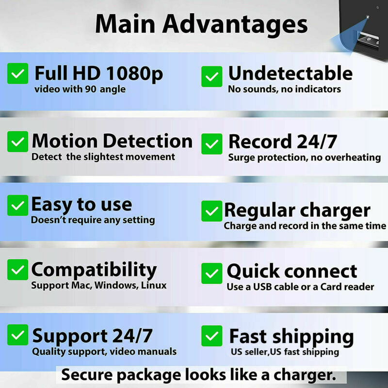 Compact 1080P Hidden Spy Camera Wall Charger