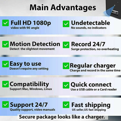 Compact 1080P Hidden Spy Camera Wall Charger