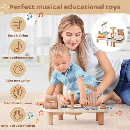 6-in-1 Montessori Wooden Musical Instrument Set - Music Table with Colorful Xylophone, Natural Wood, No Batteries Needed, Safe for Ages 2+