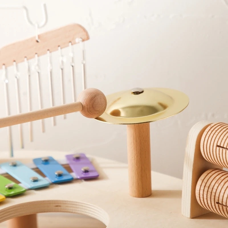 6-in-1 Montessori Wooden Musical Instrument Set - Music Table with Colorful Xylophone, Natural Wood, No Batteries Needed, Safe for Ages 2+