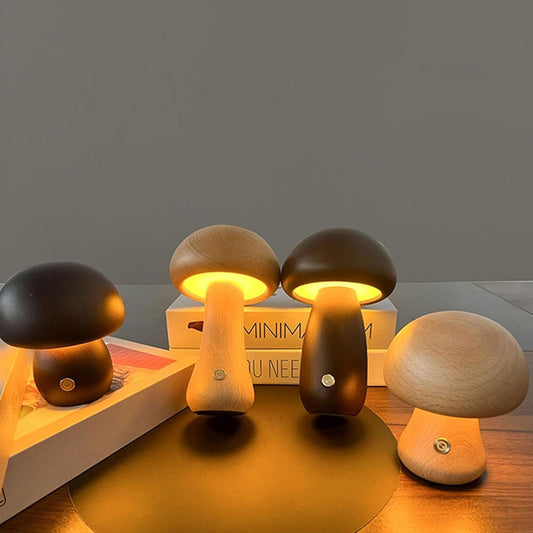 Warm Wooden LED Mushroom Table Lamp with USB Charge - Halri