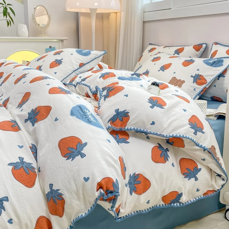 Wunderschönes 4-teiliges Bettwäscheset mit Blumenmuster, bestehend aus Bettbezug und Bettbezug