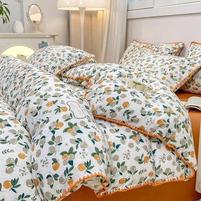 Wunderschönes 4-teiliges Bettwäscheset mit Blumenmuster, bestehend aus Bettbezug und Bettbezug