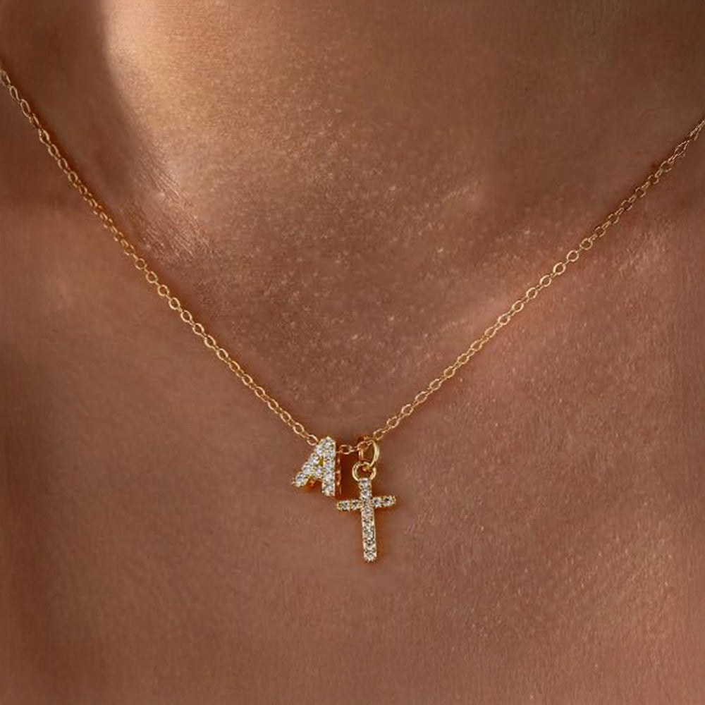 Delicate Initial and Cross Diamond Pendant Necklace - Halri