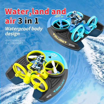 Amphibious RC Toy with 3-in-1 Air, Land & Water Modes, 360° Flips & Rotations, LED Lights for Night Flying, Safe for Ages 8+