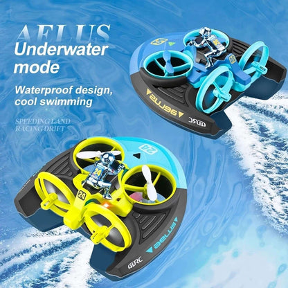 Amphibious RC Toy with 3-in-1 Air, Land & Water Modes, 360° Flips & Rotations, LED Lights for Night Flying, Safe for Ages 8+