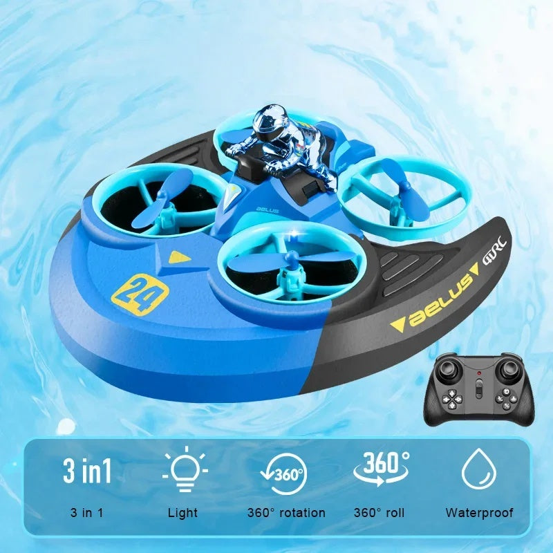 Amphibious RC Toy with 3-in-1 Air, Land & Water Modes, 360° Flips & Rotations, LED Lights for Night Flying, Safe for Ages 8+