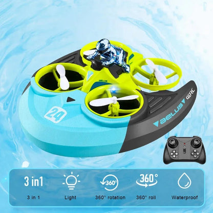 Amphibious RC Toy with 3-in-1 Air, Land & Water Modes, 360° Flips & Rotations, LED Lights for Night Flying, Safe for Ages 8+