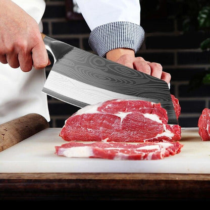 Damascus Chef Knife, Wood Handle Cleaver, Butcher Knife for Meat Chopping