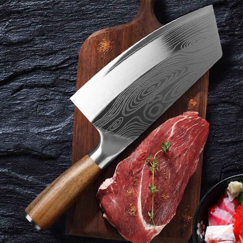 Damascus Chef Knife, Wood Handle Cleaver, Butcher Knife for Meat Chopping