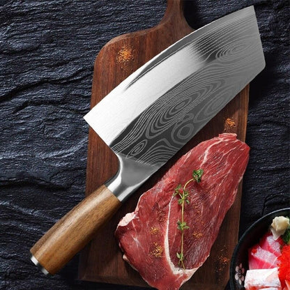 Damascus Chef Knife, Wood Handle Cleaver, Butcher Knife for Meat Chopping