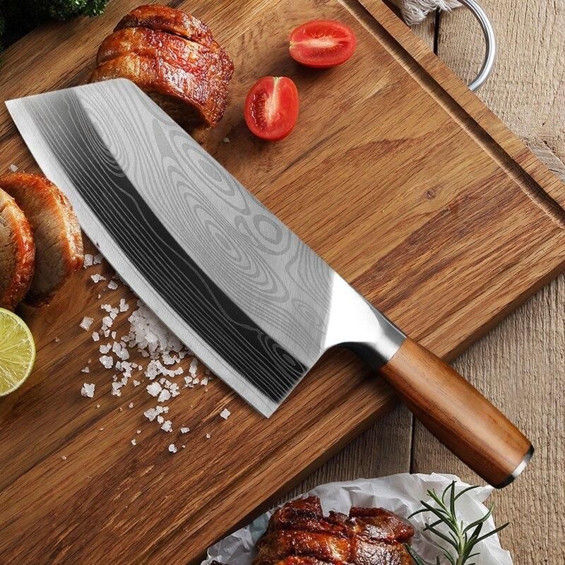 Damascus Chef Knife, Wood Handle Cleaver, Butcher Knife for Meat Chopping