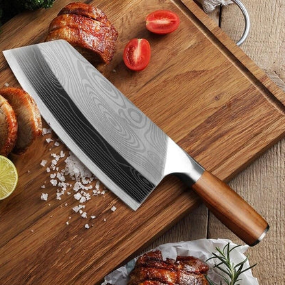 Damascus Chef Knife, Wood Handle Cleaver, Butcher Knife for Meat Chopping