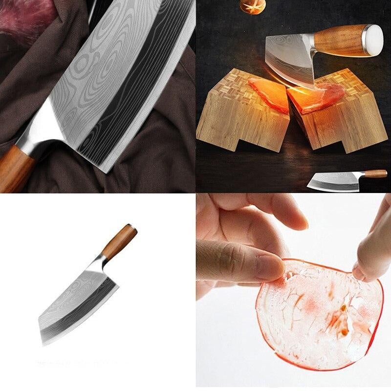 Damascus Chef Knife, Wood Handle Cleaver, Butcher Knife for Meat Chopping