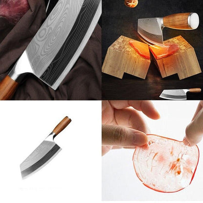 Damascus Chef Knife, Wood Handle Cleaver, Butcher Knife for Meat Chopping