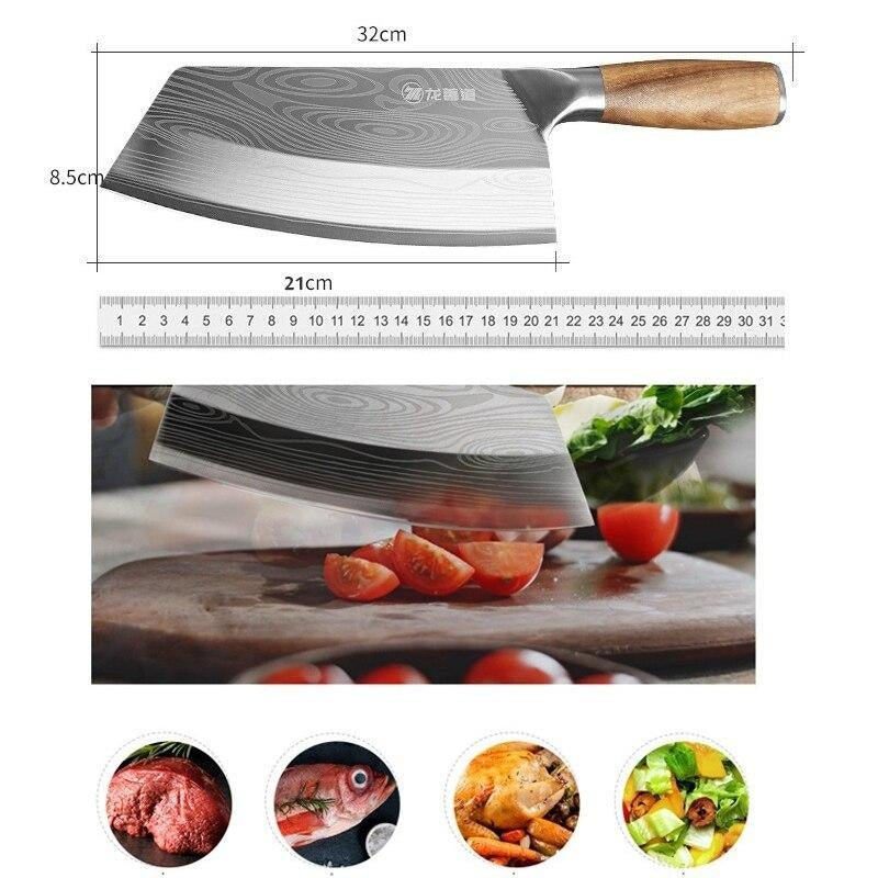 Damascus Chef Knife, Wood Handle Cleaver, Butcher Knife for Meat Chopping