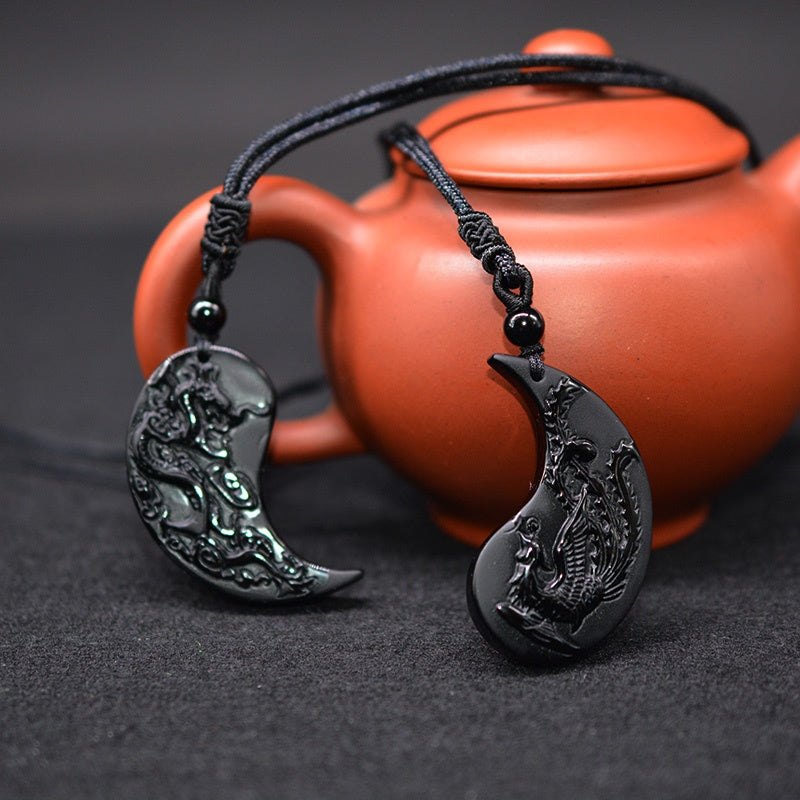 Dragon And Phoenix Yin Yang Obsidian Necklace