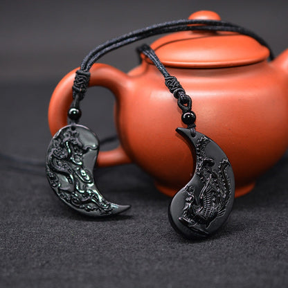 Dragon And Phoenix Yin Yang Obsidian Necklace