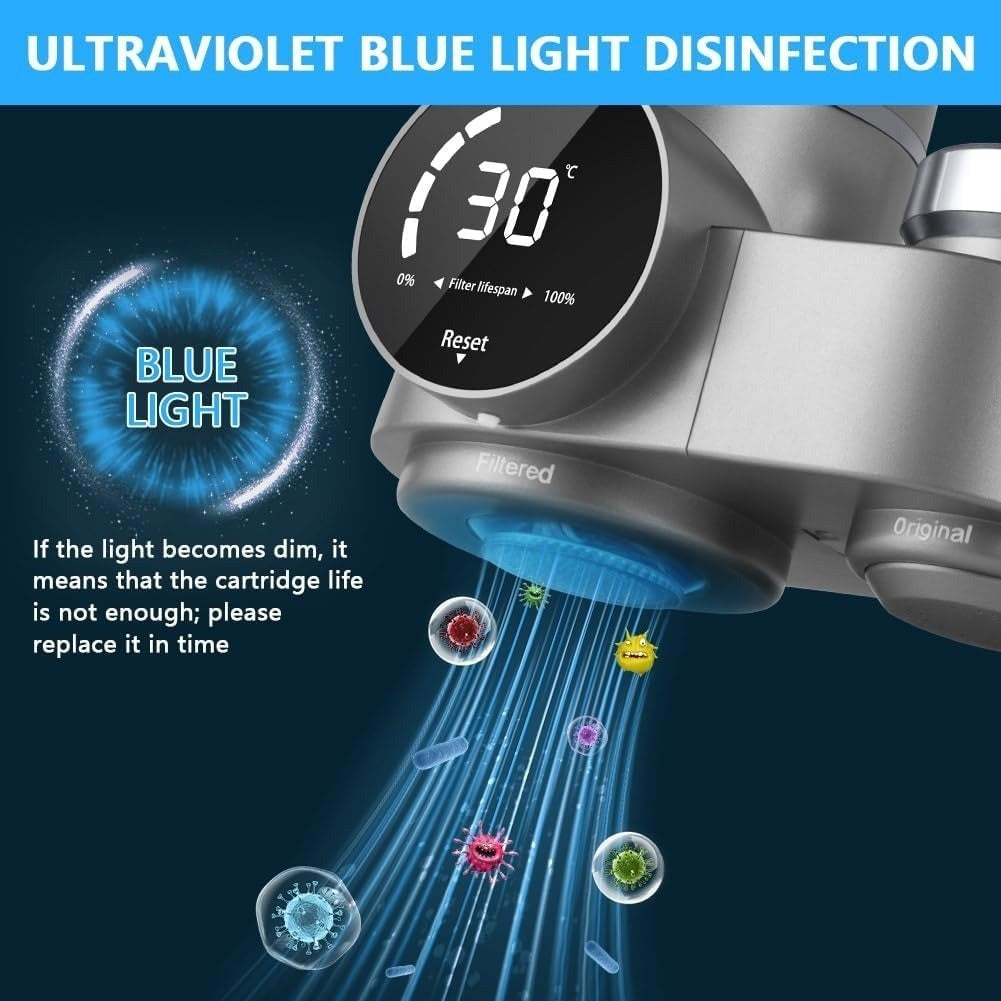 Faucet Water Filter with LED Display – Reduces Lead & Chlorine, Easy Sink Installation and UV Blue Light Sterilization