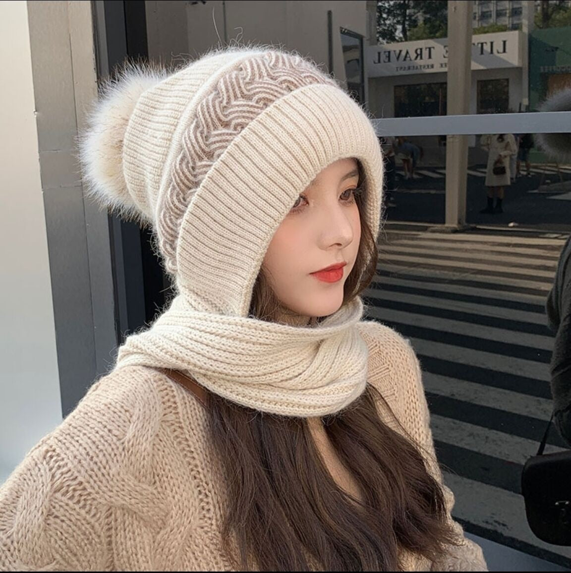 Warmes, wendbares Wollschal-Mütze-Set