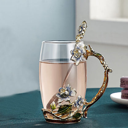 Romantischer Glasbecher mit Blumenmuster für Kaffee- und Teeliebhaber