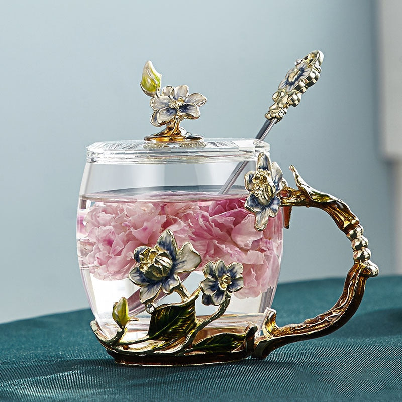 Romantischer Glasbecher mit Blumenmuster für Kaffee- und Teeliebhaber