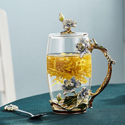 Romantischer Glasbecher mit Blumenmuster für Kaffee- und Teeliebhaber