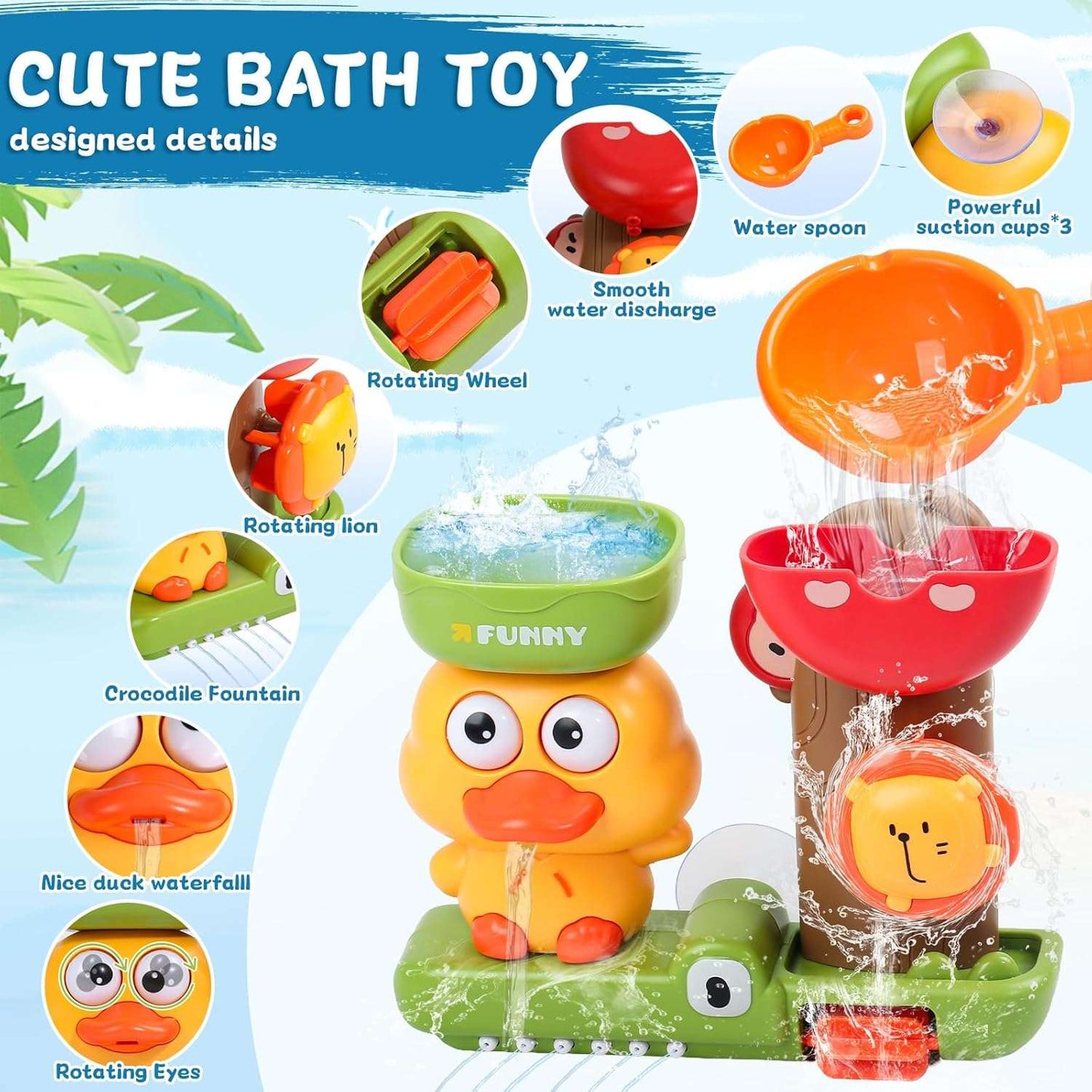 Jungle-Themed Water Fun with Spinning Friends, Make Bath Time Fun, Safe for Ages 1+