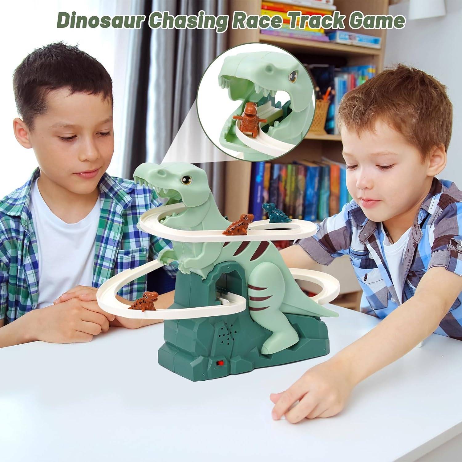 Kids' Dinosaur Race Track Interactive Automatic Climbing Cars With LED Lights, Battery Powered, On Off Switch for Ages 3+