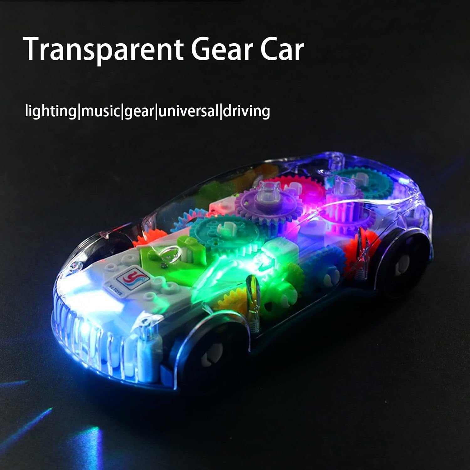 Light-Up Transparent Car with Moving Gears, Music & Durable Plastic, Suitable for Kids 6 Months+
