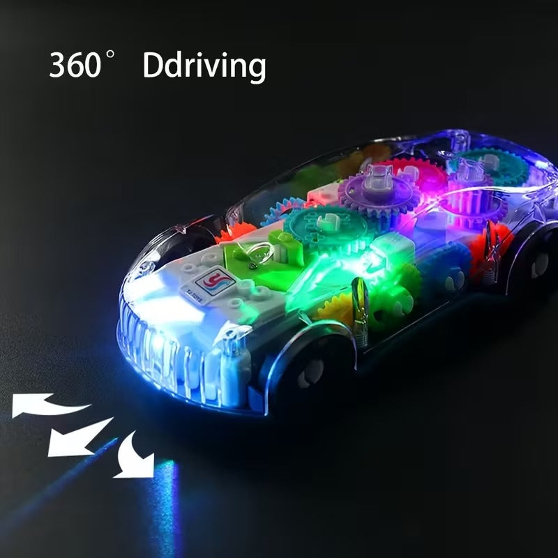 Light-Up Transparent Car with Moving Gears, Music & Durable Plastic, Suitable for Kids 6 Months+
