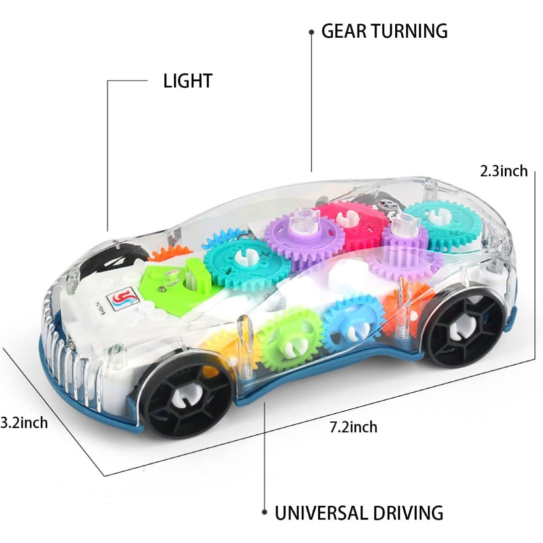 Light-Up Transparent Car with Moving Gears, Music & Durable Plastic, Suitable for Kids 6 Months+