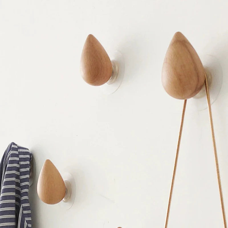 Solid Wood Water Drop Wall Hook – Punch-Free Adhesive Single Coat Hook for Clothes, Bags & Towels 1