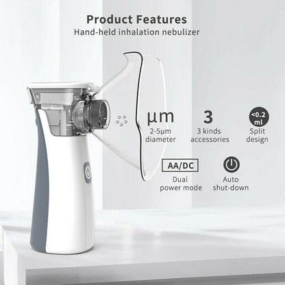 Portable Mesh Nebulizer - Handheld Breathing Relief With Fine Mist, USB AA Powered, Auto Shut-Off, Quiet Operation