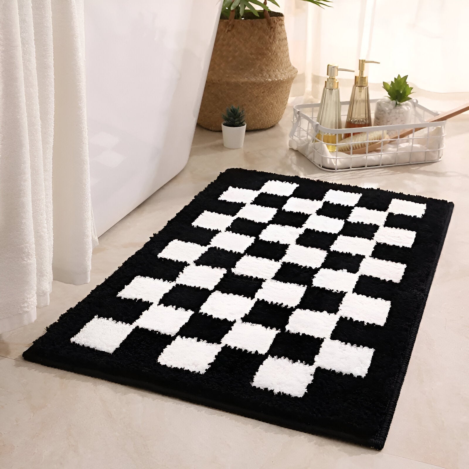 Soft Microfiber Bathroom Mat Black White Checker Pattern - Halri