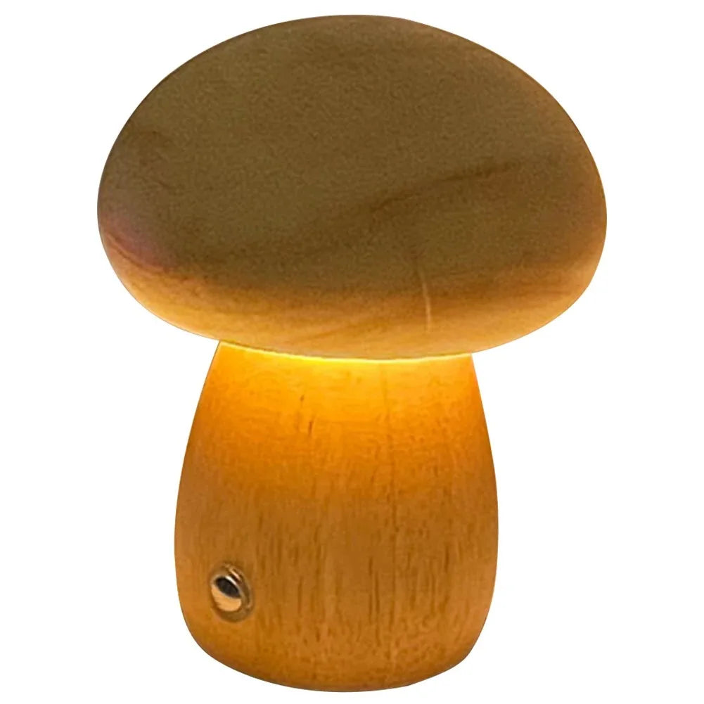 Warme LED-Tischleuchte in Pilzform aus Holz mit USB-Ladefunktion