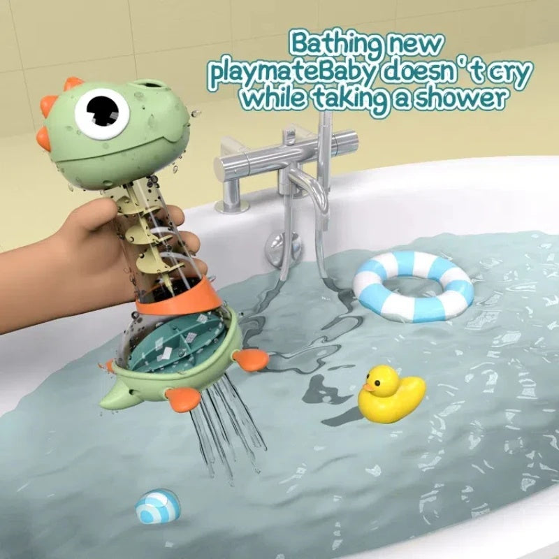 Spiraling Dino Shower Toy with Multi-hole Showerhead and Dual Water Inlets, Safe for Ages 18+ Months