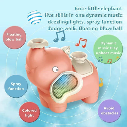 Walking Elephant Toy, Blowing Ball from Trunk, Colorful LED Lights, Music, Universal Wheels, Safe for Ages 1+